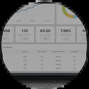 Rond dashboardbeeld met grafieken en statistieken over sessies en prestaties in The Law Firm-platform.