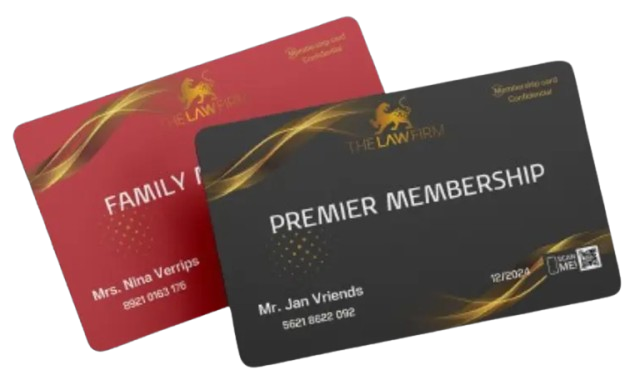 Twee lidmaatschapspasjes van The Law Firm voor leden met vaste juridische hulp.