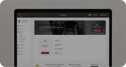 Dashboard van The Law Firm op desktop met overzicht van juridische zaken, documenten en afspraakstatus