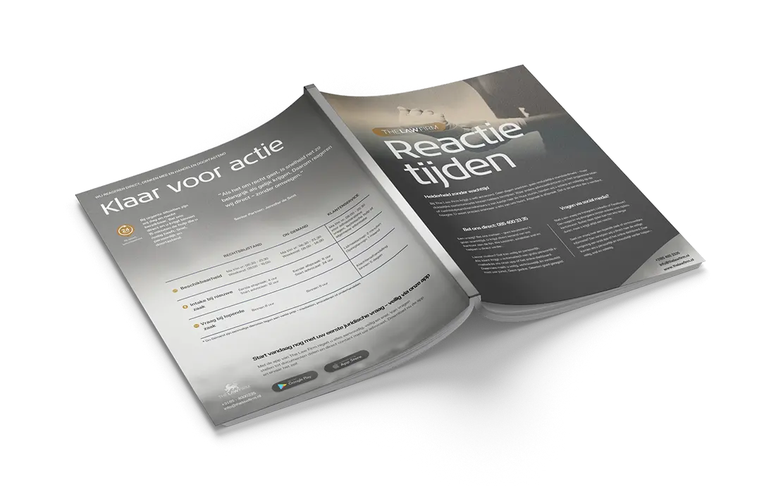 Folder met reactietijden en servicebeloften van The Law Firm.
