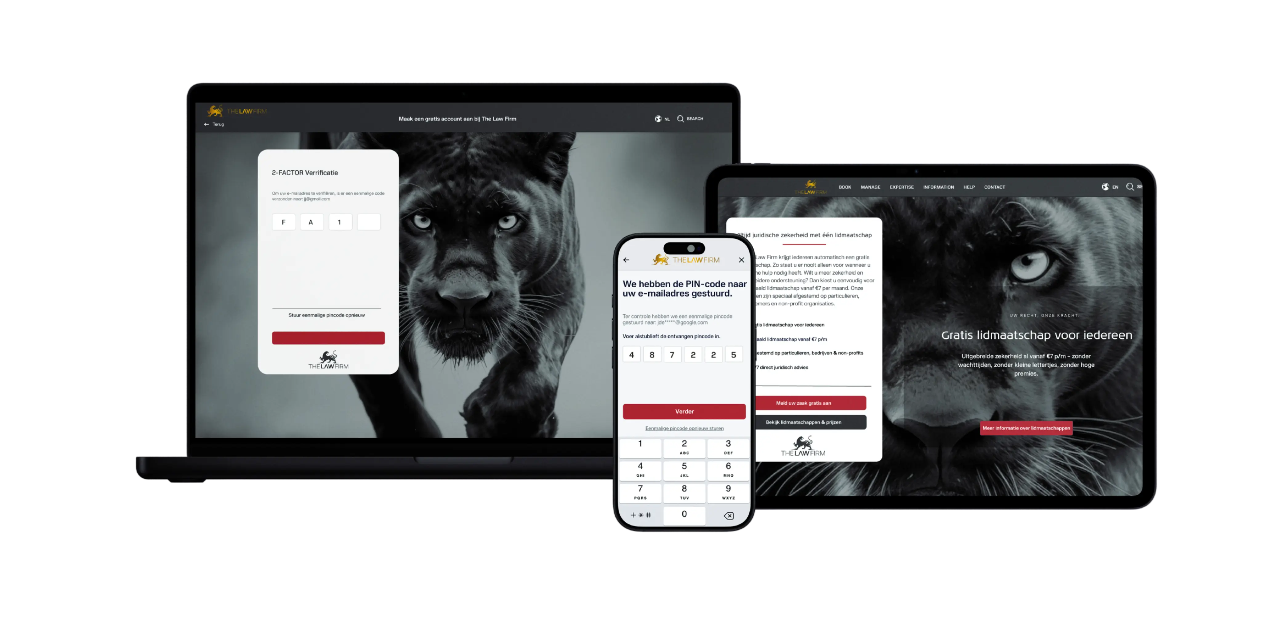 Beveiligd inlogscherm van The Law Firm met 2-factor verificatie en eenmalige PIN-code via e-mail op laptop, tablet en smartphone.