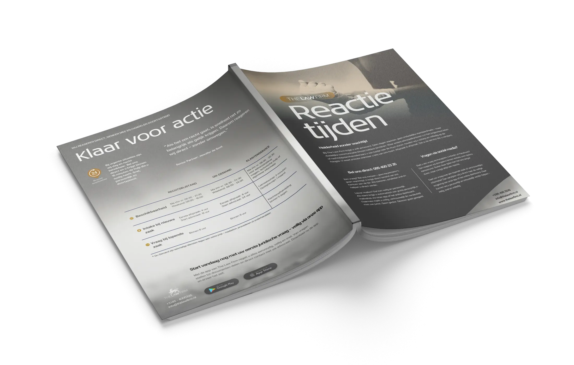 Open brochure van The Law Firm met informatie over reactietijden, juridische snelheid en contact via app en spoednummer.