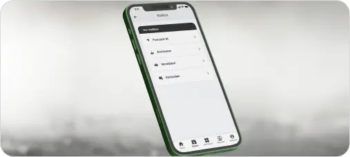 Mobiel scherm van The Law Firm app met beveiligde mailbox, postvak in, archiveren en verzonden berichten.