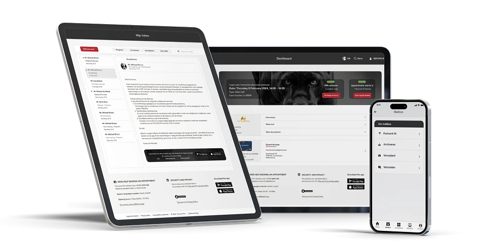 Schermen van The Law Firm met beveiligde mailbox, juridisch dashboard en mobiele postvakfunctie.