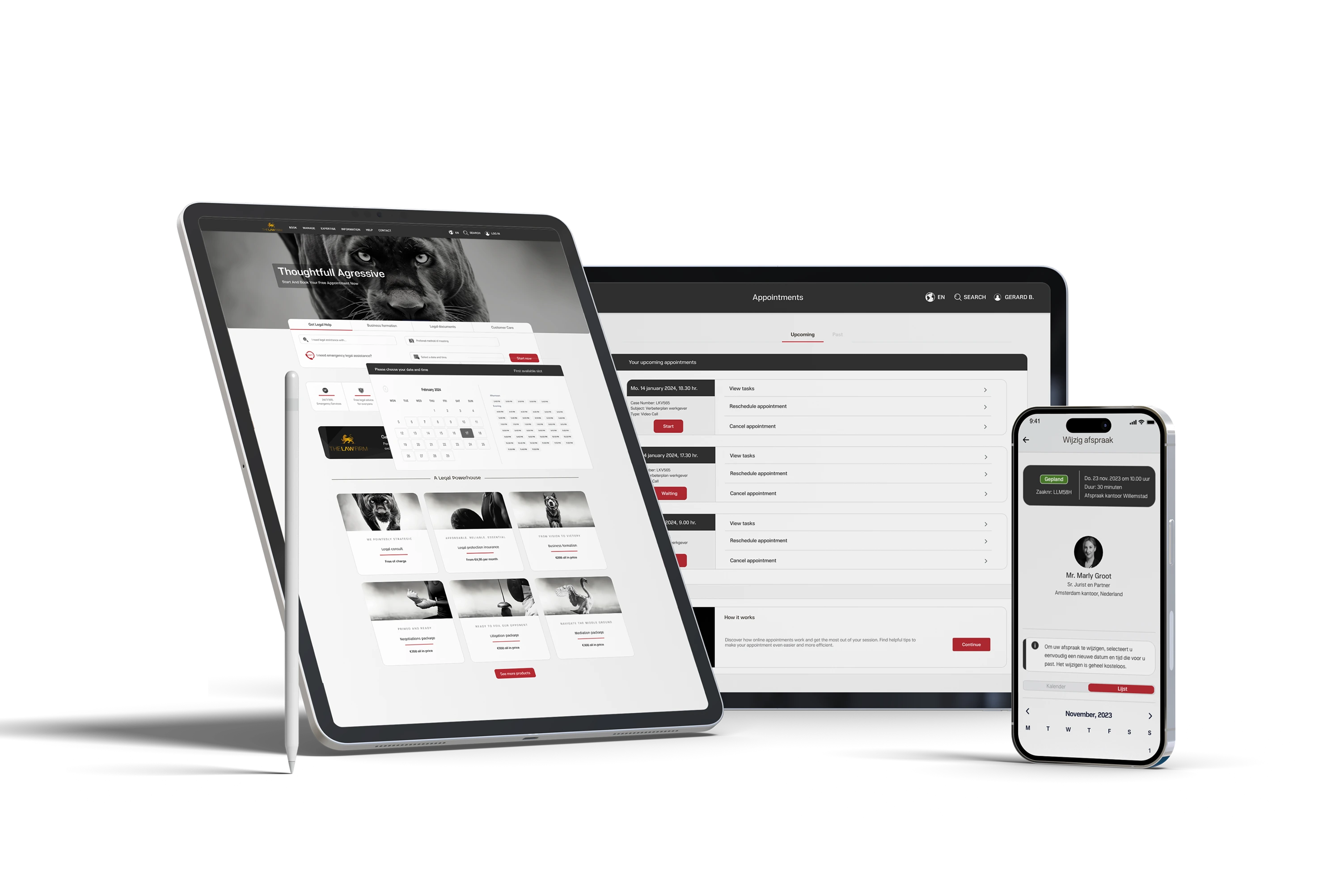 Banner met contactinformatie van The Law Firm: telefoonnummer, adres, openingstijden en spoednummer, weergegeven op een mobiele telefoon mockup