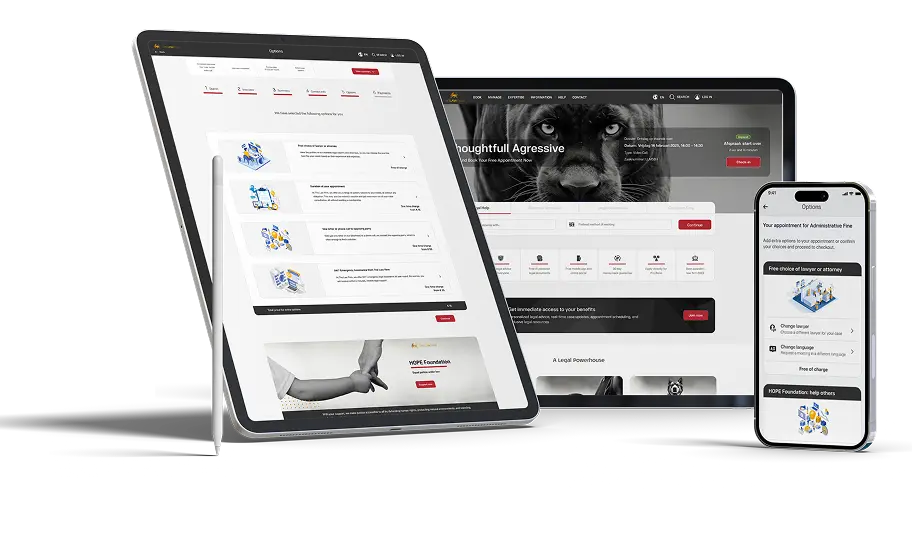 Tablet met het overzichtelijke, mobielvriendelijke juridische portaal van The Law Firm om extra opties te kiezen